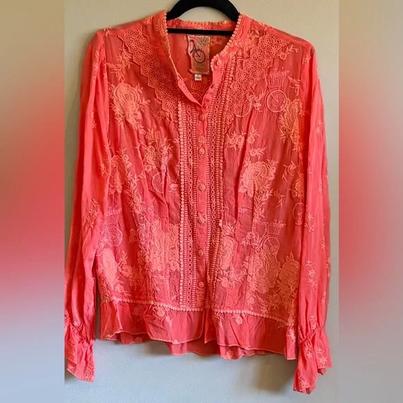 Johnny Was Serene Rider Tangerine Colored Embroidered Blouse Small - Picture 2 of 8